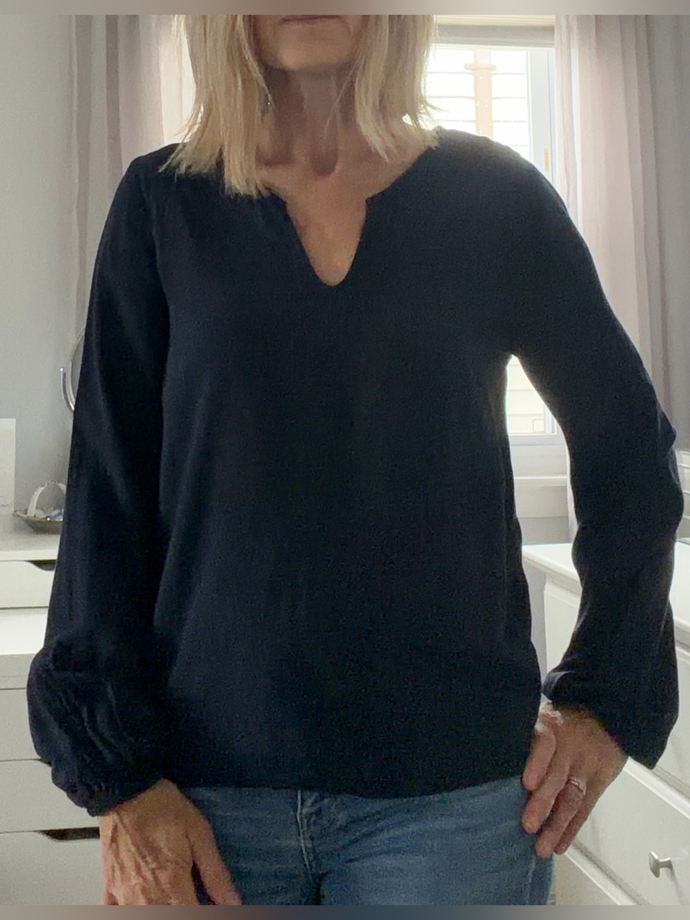 Abercrombie & Fitch Navy Eyelet-Embroidered Long-Sleeve Blouse